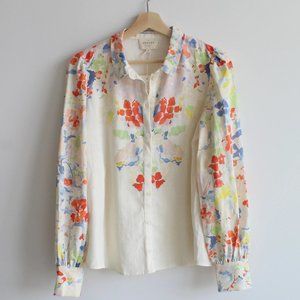 Sezane Linen Floral Long Sleeve Blouse